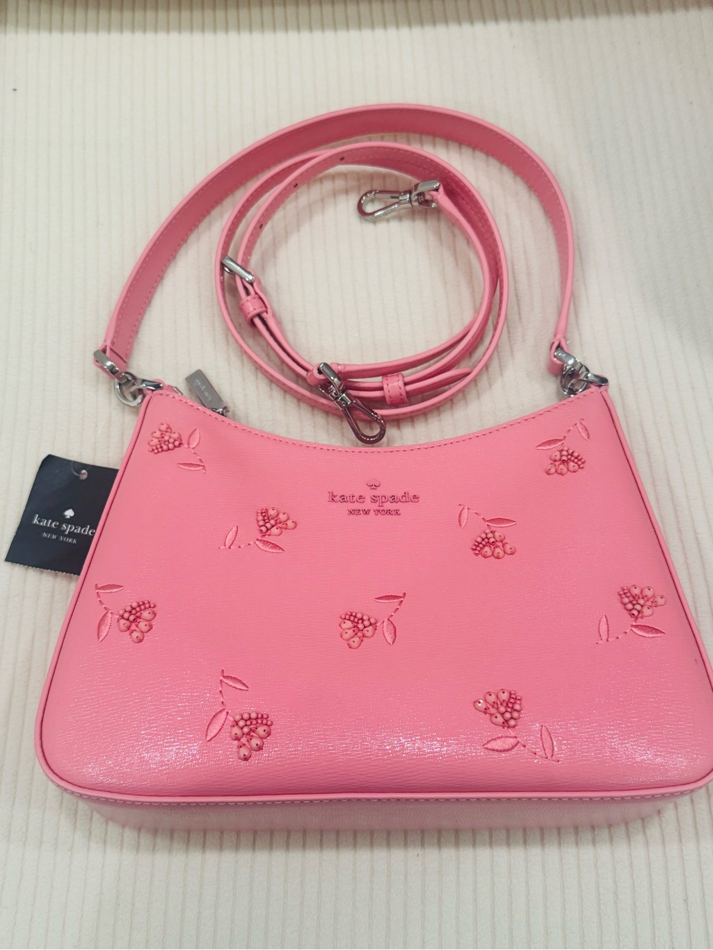 Kate Spade New Pink Embossed Floral Beaded Leather Shoulder Bag Crossbody Strap